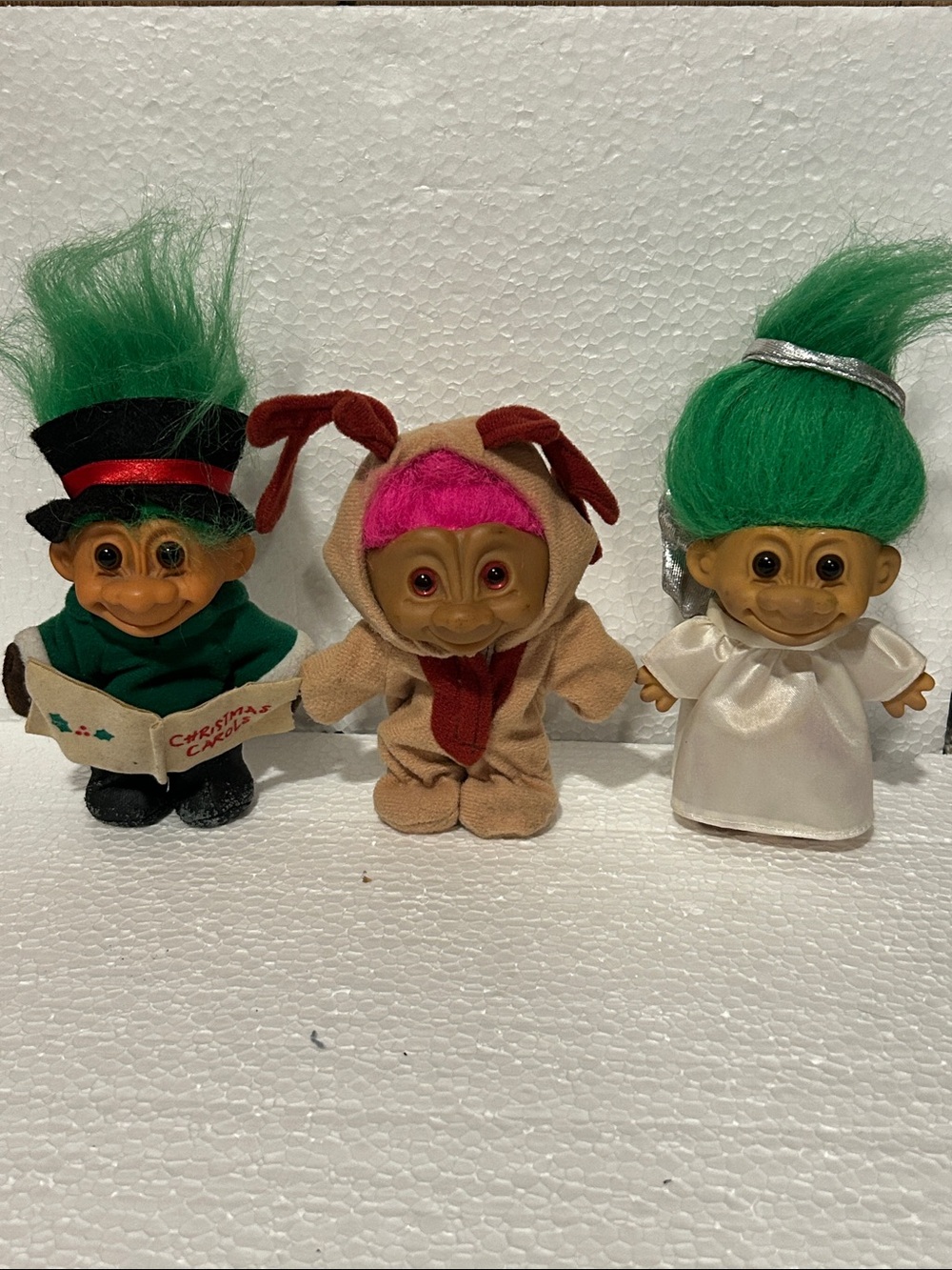 Vintage Russ Trolls Lot of 3 -Christmas Caroler, Reindeer, & Angel troll costume